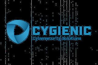 Cygienic Cybersecurity Solutions logo featuring a blue shield emblem on a dark digital background