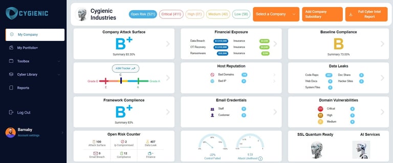 Cybersecurity dashboard showing attack surface, financial exposure, compliance status, framework evaluation, and vulnerabilities metrics with multiple data visualization charts