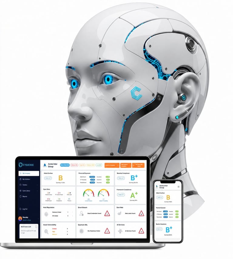 White robot head with blue circuitry details displayed with laptop, tablet, and smartphone showing dashboard interface