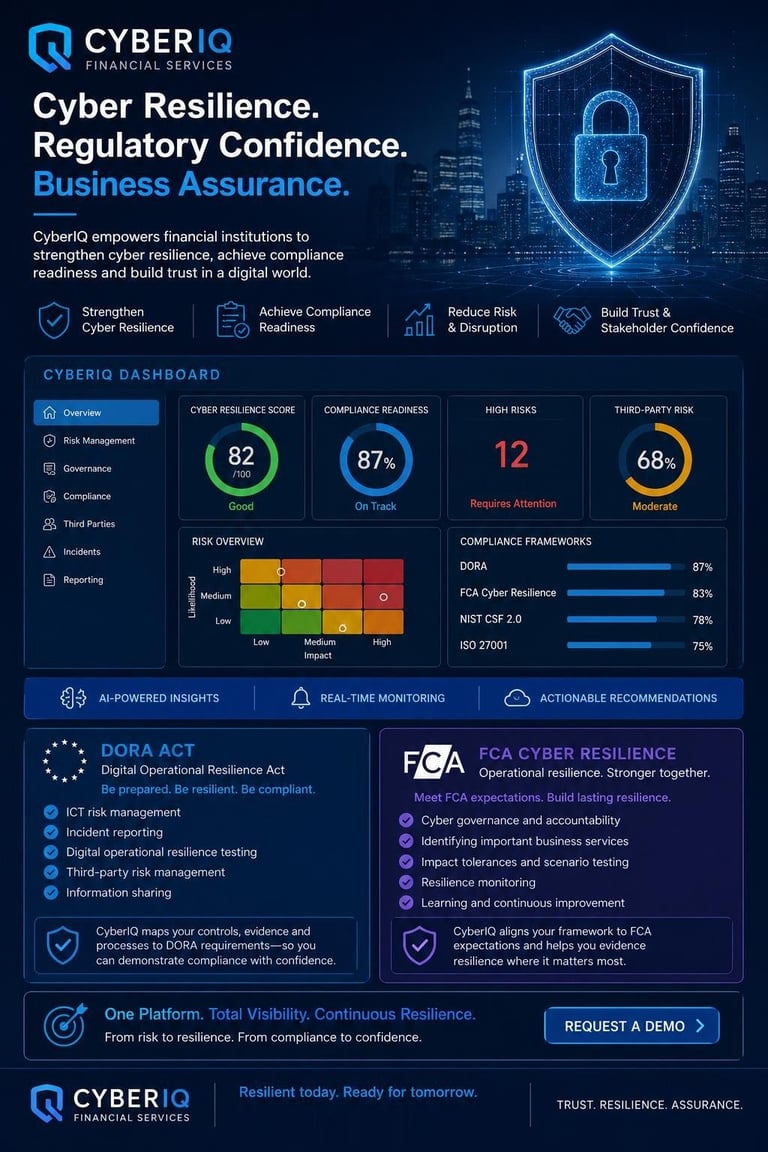 CyberIQ financial services dashboard displaying cyber resilience metrics, compliance readiness score of 87%, and risk overview for financial institutions
