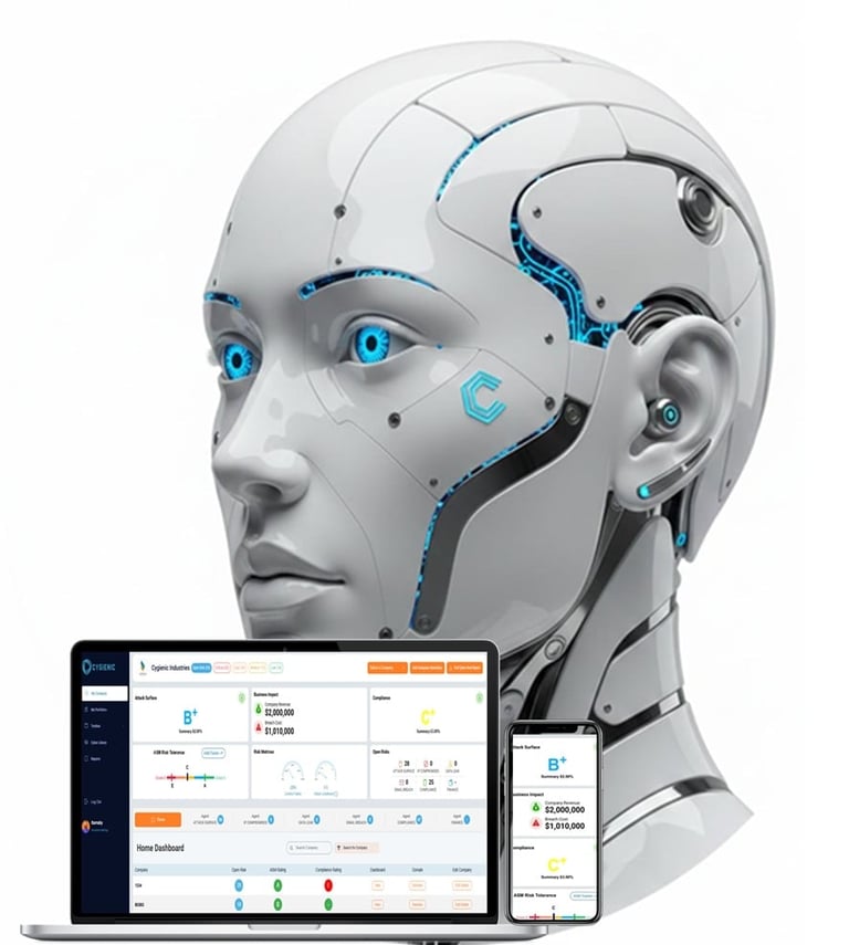 Futuristic humanoid robot head with glowing blue eyes and circuitry details next to laptop and mobile device displaying data analytics interface